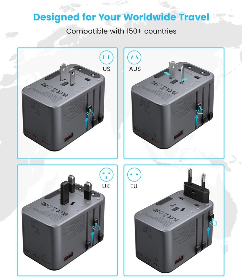 VINTAR محول سفر عالمي، محول طاقة دولي 75 واط GaN مع 3 منافذ USB-C PD و 2 منافذ USB-A QC، شاحن جداري محول شامل لأوروبا والمملكة المتحدة والولايات المتحدة وأستراليا (نوع C/G/A/I)، رمادي - Image 3